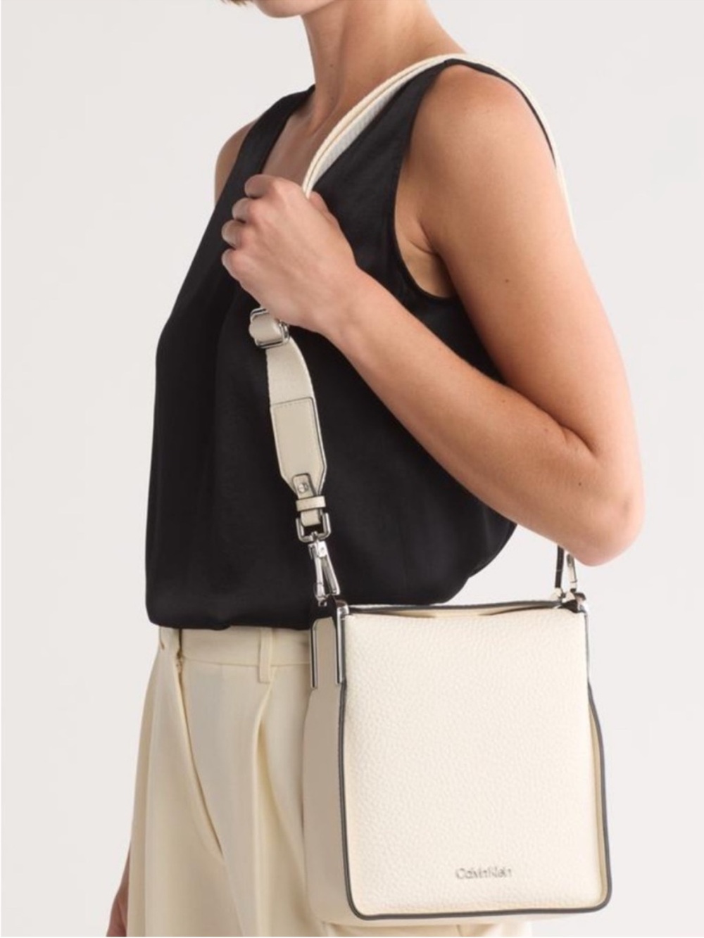 Calvin Klein Cream Pebbled Leather Crossbody Bag